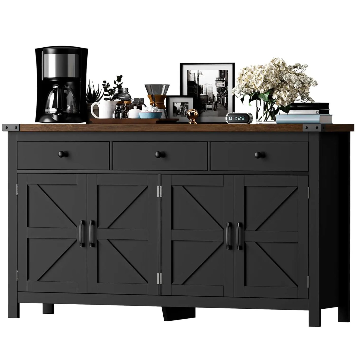 63" Sideboard Buffet Cabinet with Storage, Coffee Bar with 3 Drawers and 4 Barn Doors,