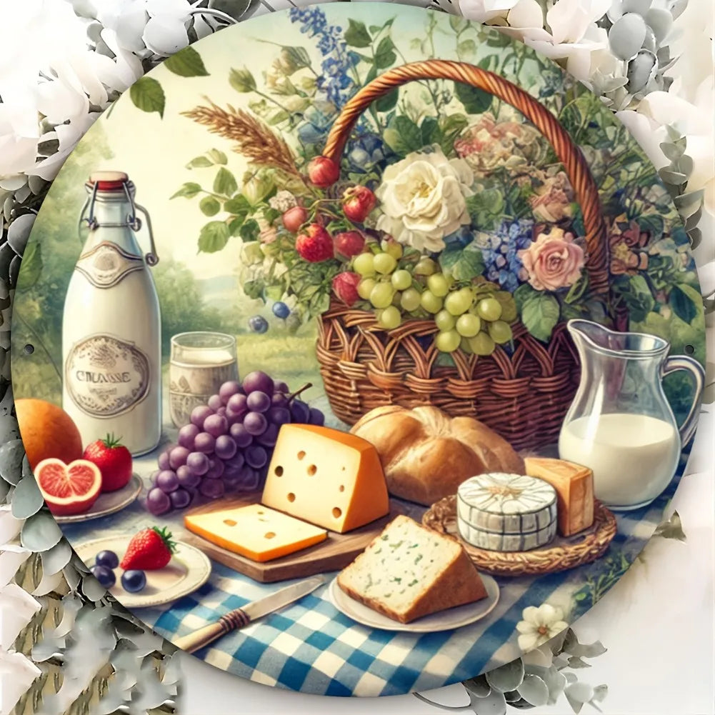 Rustic Food-Themed Decorative Wall Plate - 8x8 Inch Round Aluminum