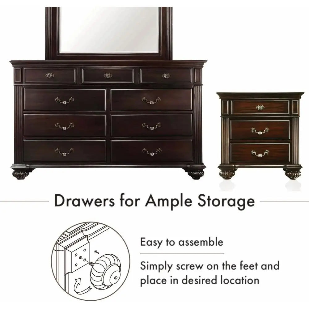 6-Piece Solid Wood Traditional Bedroom Set with Chest, Mirrored Dresser, 2 Nightstands,