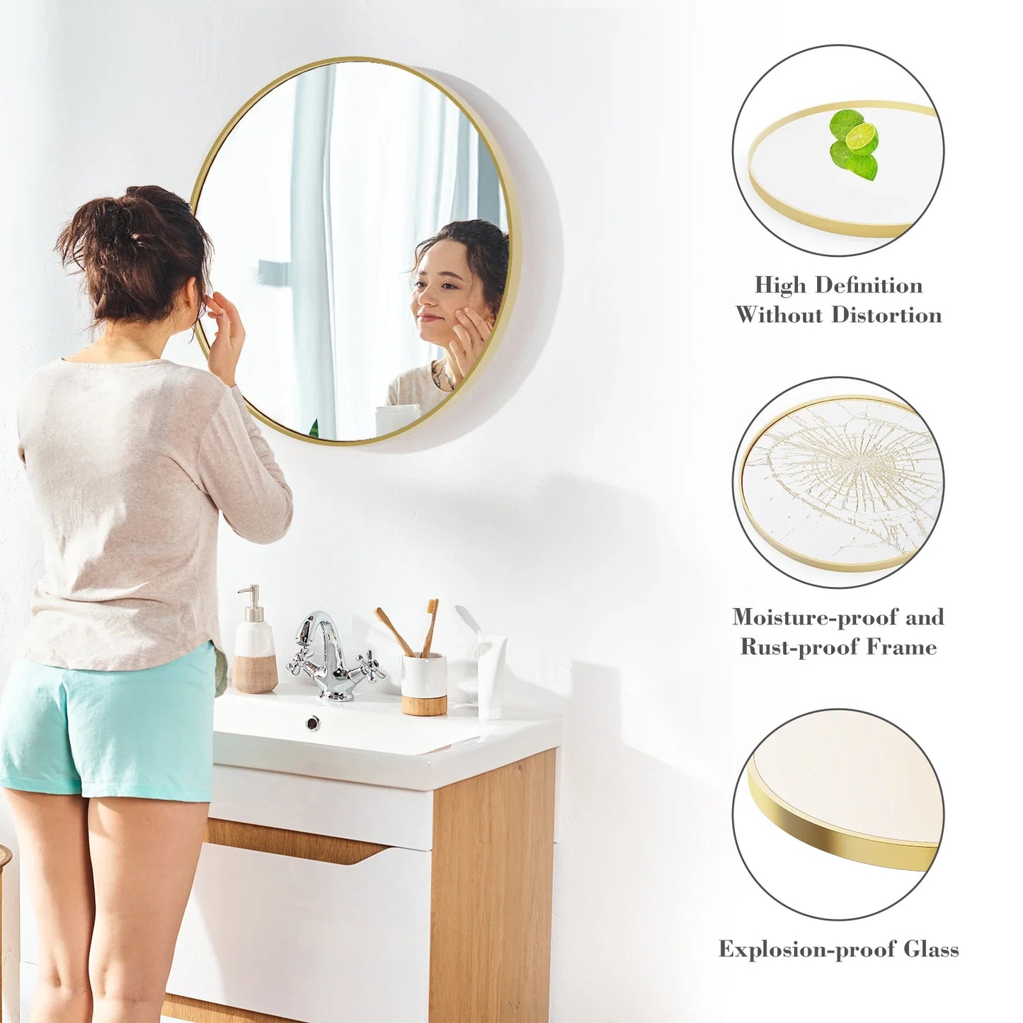 JHK 30 Inch Large Gold Round Vanity Framed Mirror for Wall