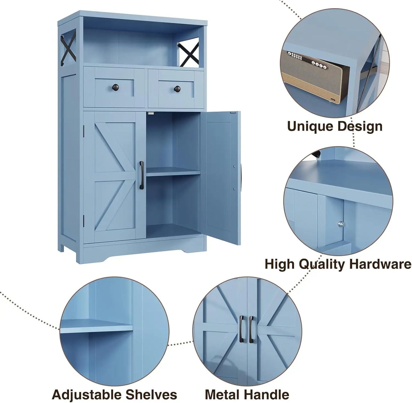 Farmhouse Blue Storage Cabinet with Barn Doors & Drawers, Kitchen Pantry Organizer for Home