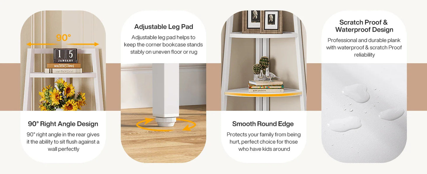 5 Tier Corner Bookshelf and Bookcase, 70 inch Tall Corner Shelves Standing Unit Indoor Plant Stand for Living Room (White)