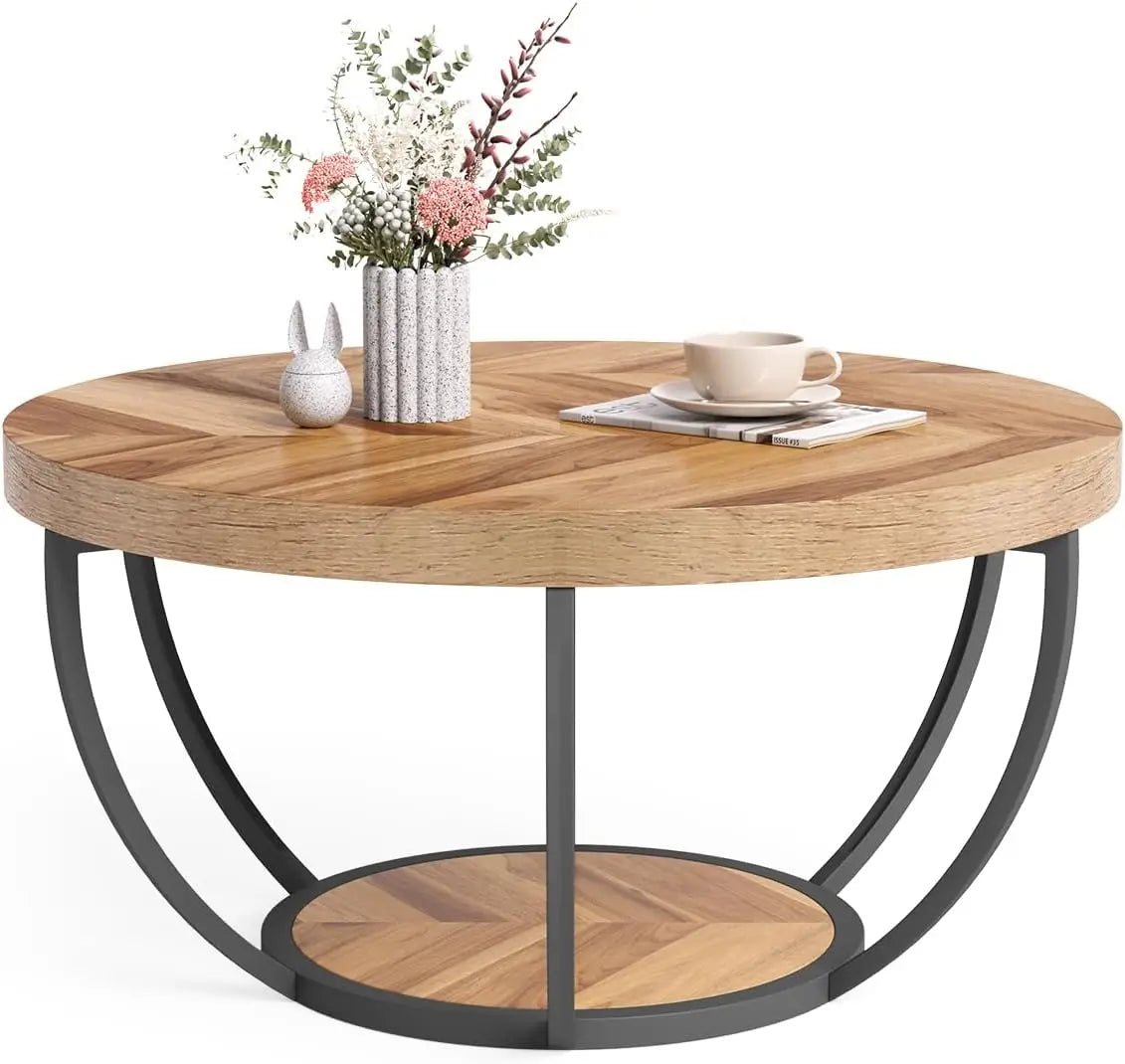 32" Circle Marble Coffee Tables, 2-Tier Golden Metal Legs