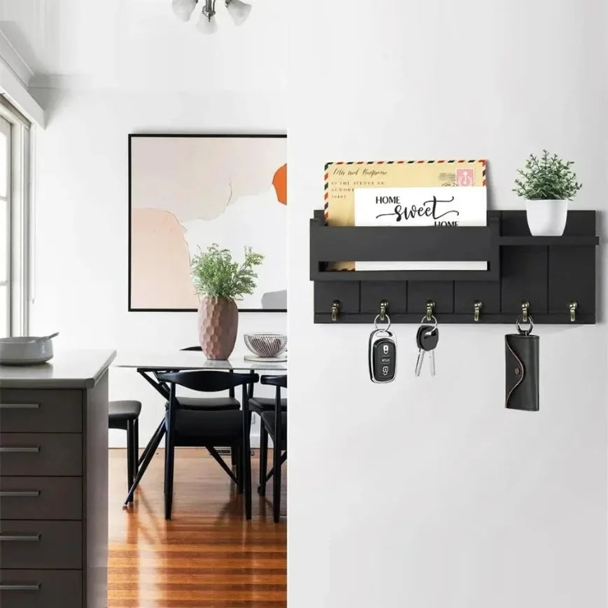 Rustic Wood Key Holder with Shelf Wall Mounted Decorative Key Rack  6 Key Hooks