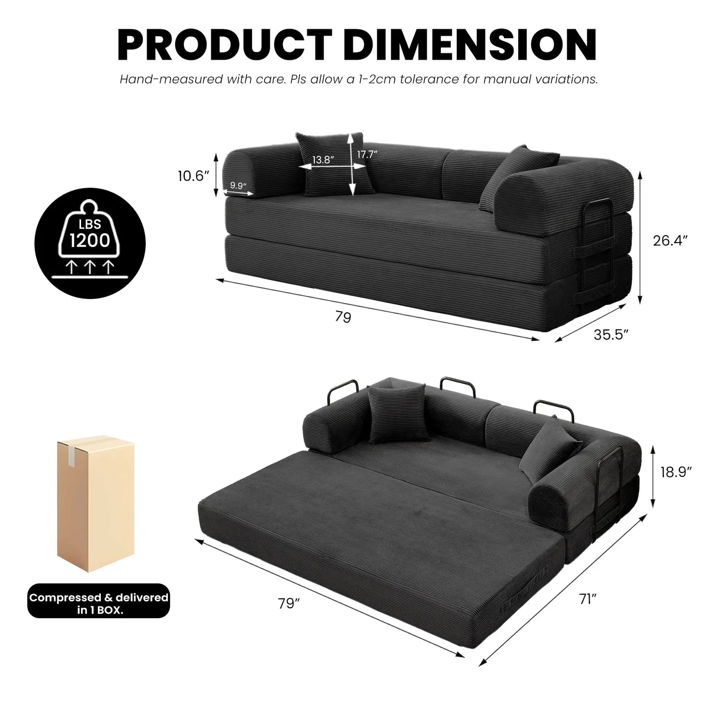 79" Convertible Sofa Bed with Fixed-Shape Frame & Removable Armrests, Modular Corduroy