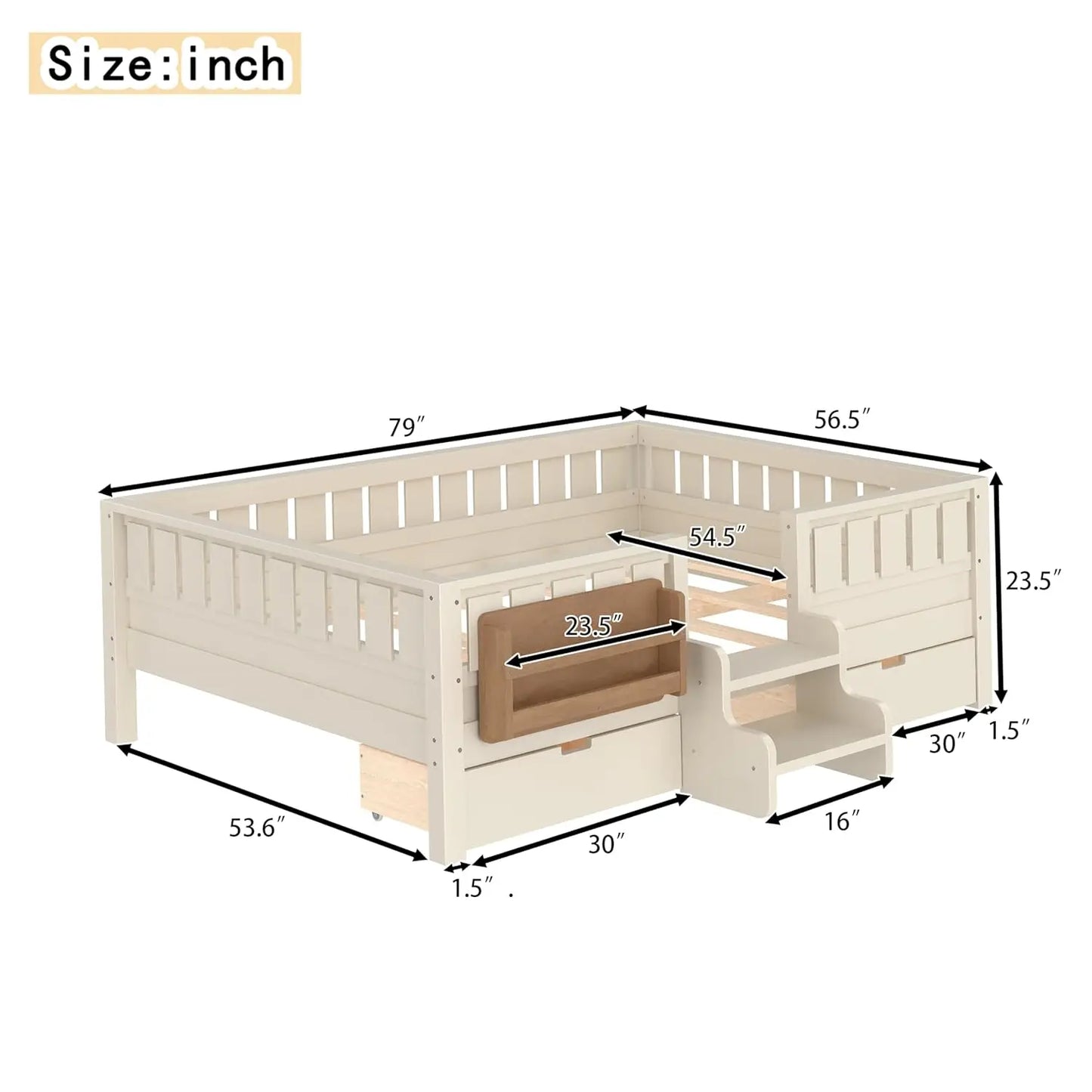 Full Size Kids Montessori Bed Frame with Stairs Bookshelf Drawers Storage Low Profile, 6 different finishes^








differeny