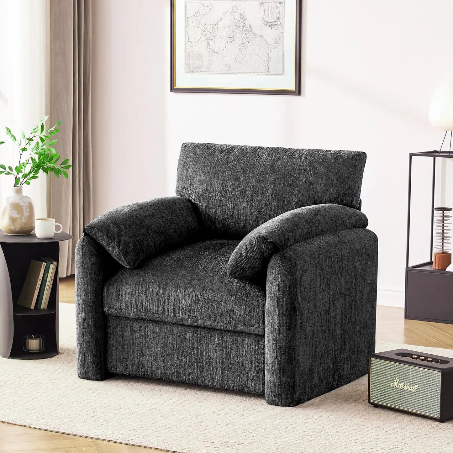 38.6in Chenille Oversized Armchair Mid-Century Upholstered Living Room Bedroom Beige