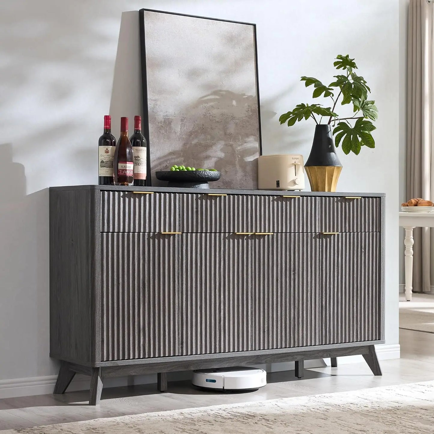 Fluted Buffet Sideboard Cabinet With Storages, Coffee ,Wine Bar Storage Cabinet With 3 Drawers