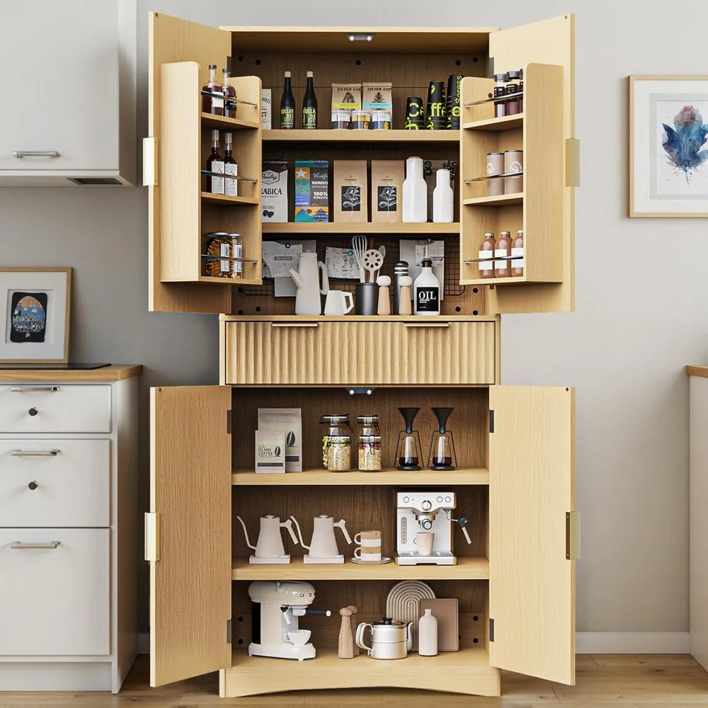72" Tall Fluted Pantry Cabinet with Adjustable Shelves,  - Natural Oak Kitchen Storage