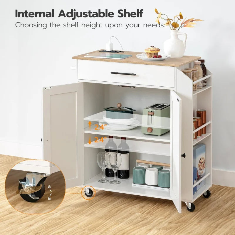 Rolling Kitchen Island with Power Outlet Spice Rack & Drawer Natural & White