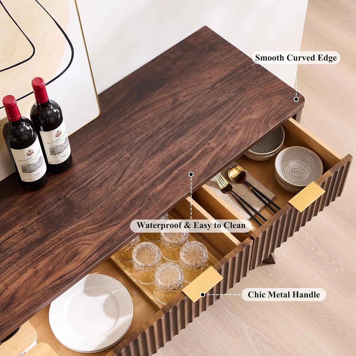 Fluted Buffet Sideboard Cabinet With Storages, Coffee ,Wine Bar Storage Cabinet With 3 Drawers