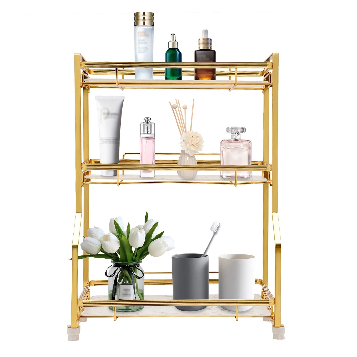 3 Tier Bathroom Countertop Organizer, with Small Storage Basket for Skincare Makeup
