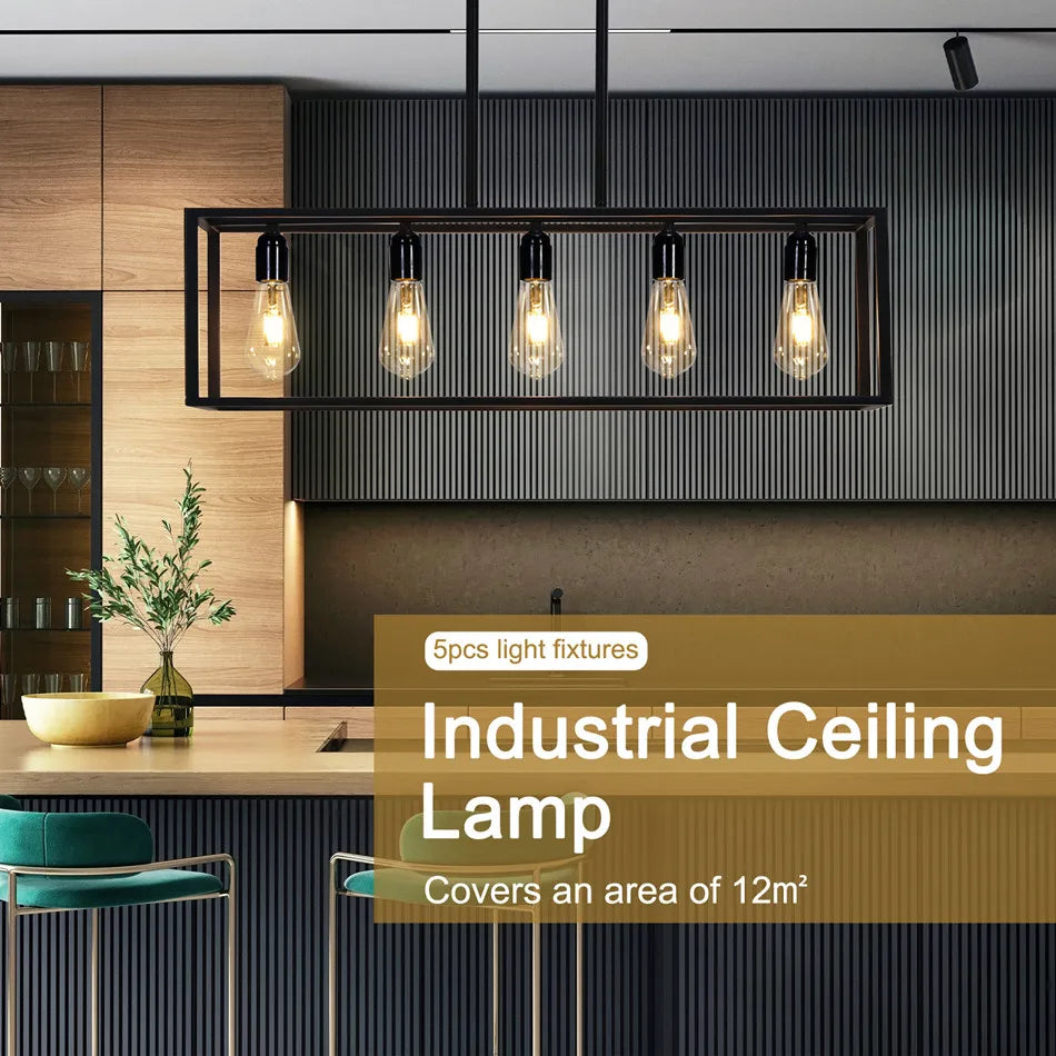 Vrygle Industrial 5-Bulb Ceiling Lamp Black Kitchen Island Chandelier  Farmhouse Furniture