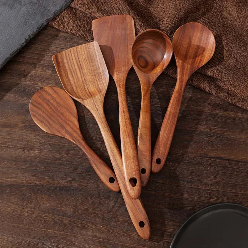 Wood Kitchenware Cooking Set Household Spatula Spoon Set Salad Spoon Fork Stirring Spoon With storage bucket