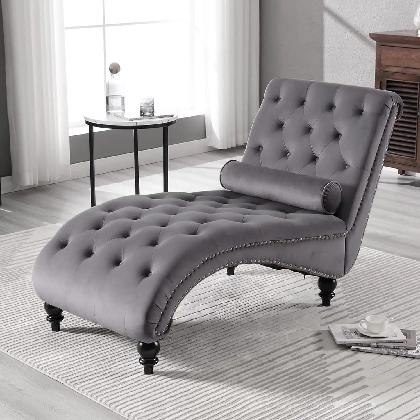 Velvet Chaise Lounge Indoor,Button-Tufted Upholstered with Pillow for Bedroom Living Room,
