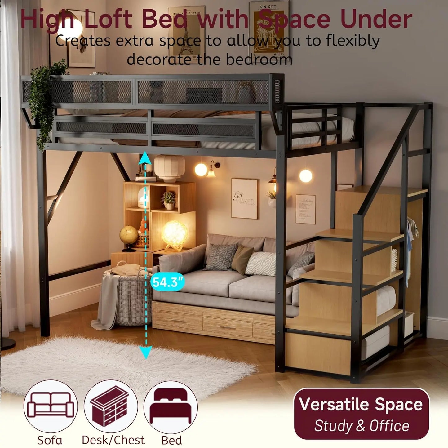 Full Size Loft Bed With Stairs And Storage, Metal Loft Bed Frame WithLarge Under-Bed Space
