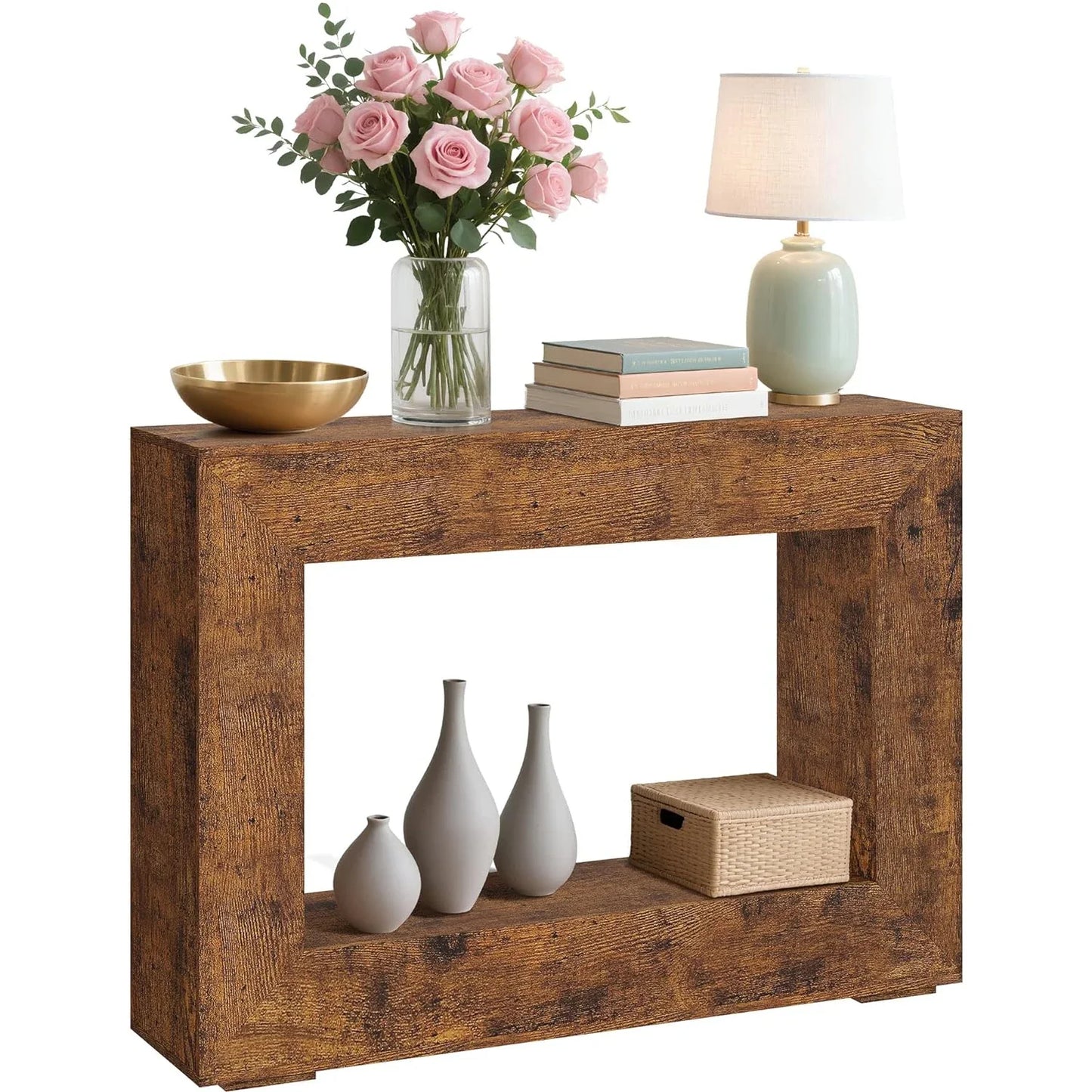 47" Rustic Farmhouse Console Table Wooden Entryway With Open Storage Shelves For Living Room Hallway Foyer
