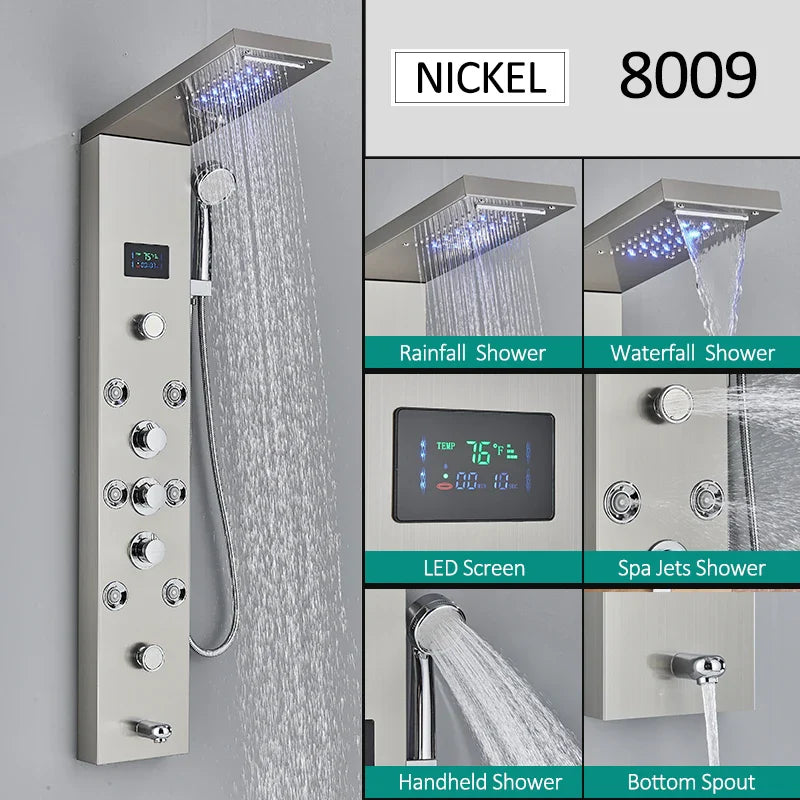 LED Shower Panel Tower System Rain Waterfall Shower LCD Display With Massage  Shower Faucet