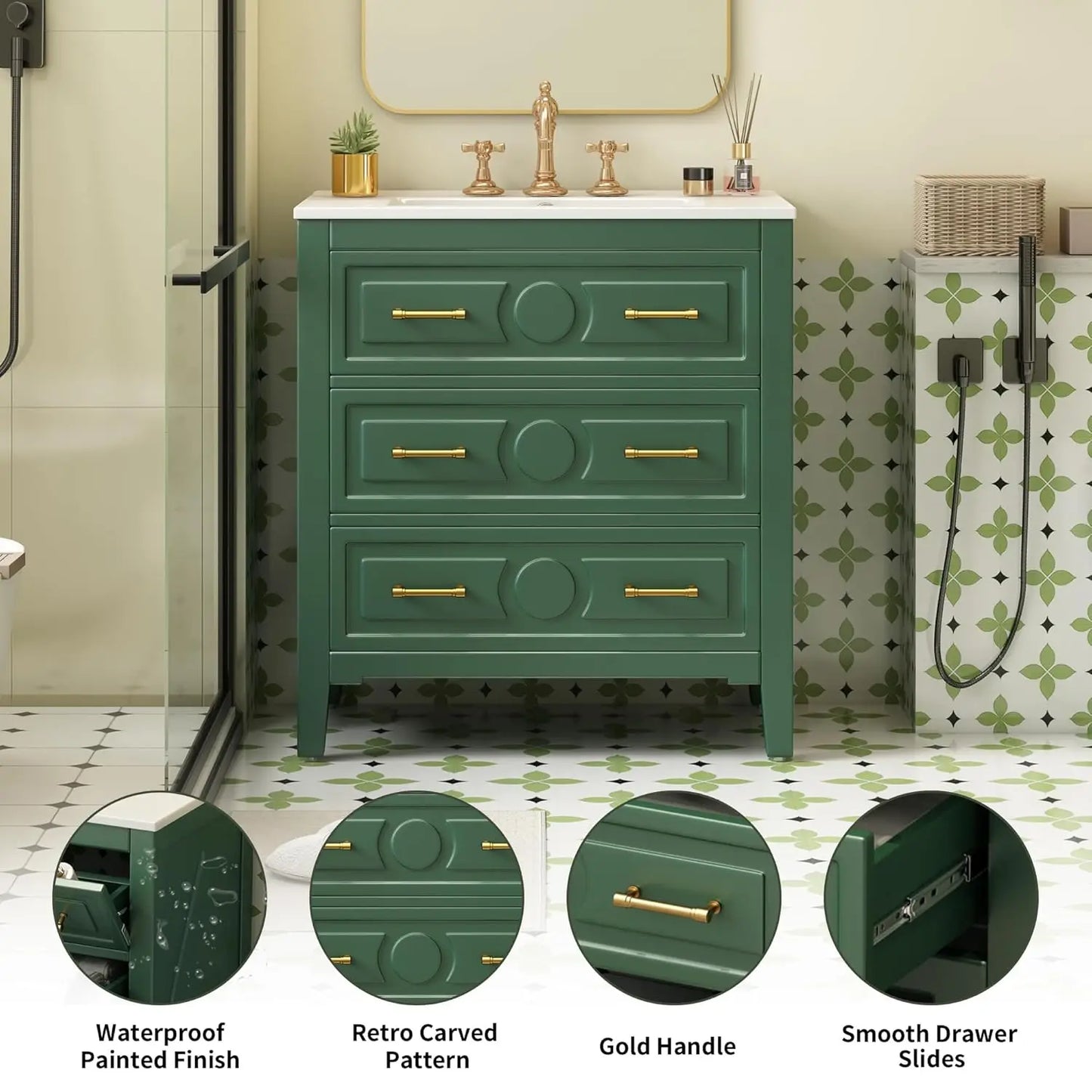 30in Solid Wood Bathroom Vanity Ceramic Sink Storage Cabinet