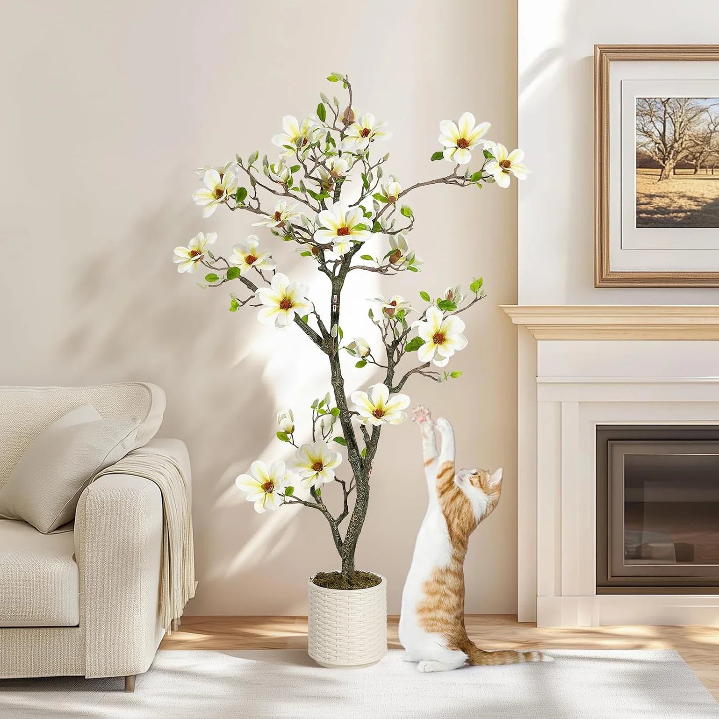 Artificial Magnolia Plant Faux Flower Trees  with LED Light for Yard Patio Home