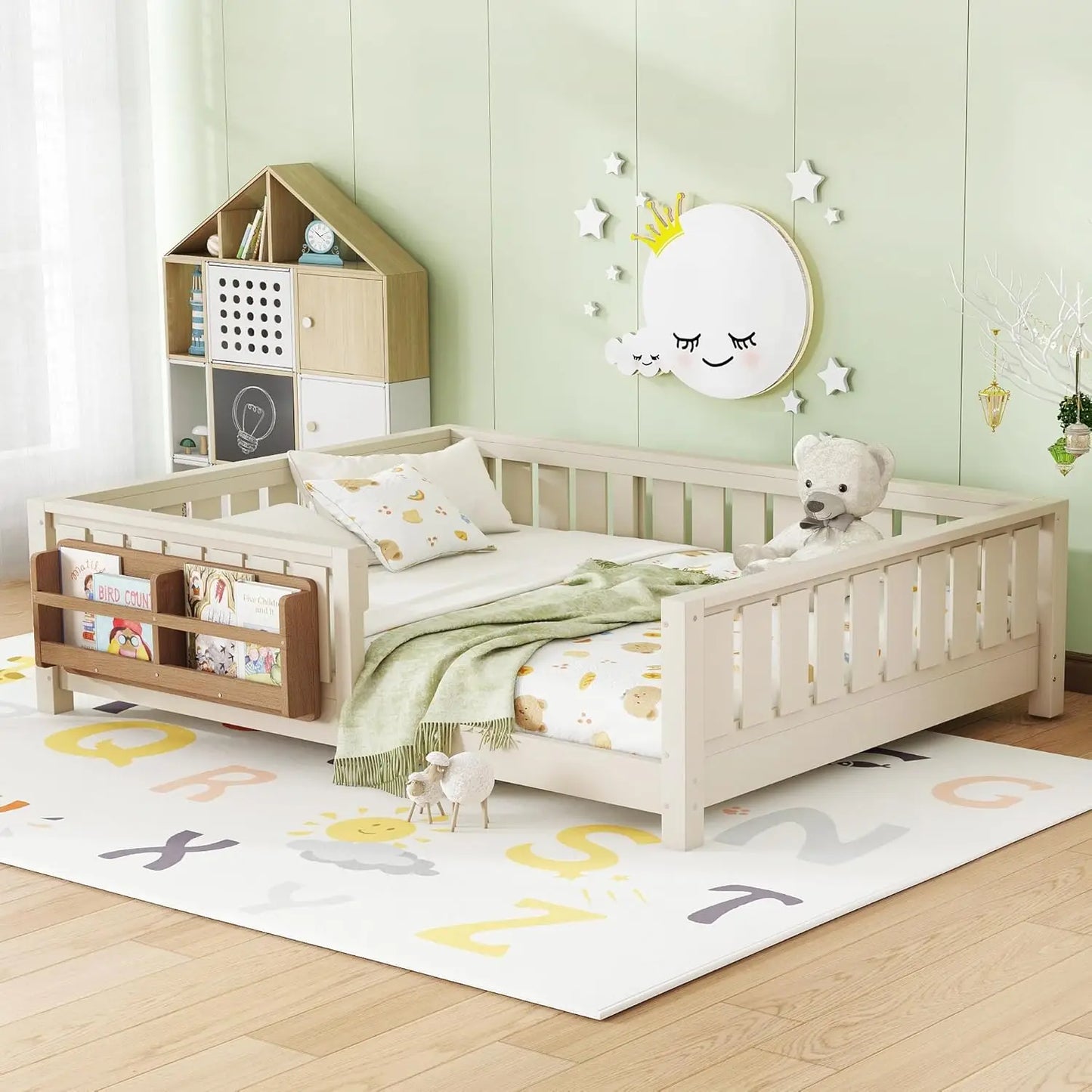 Full Size Kids Montessori Bed Frame with Stairs Bookshelf Drawers Storage Low Profile, 6 different finishes^








differeny