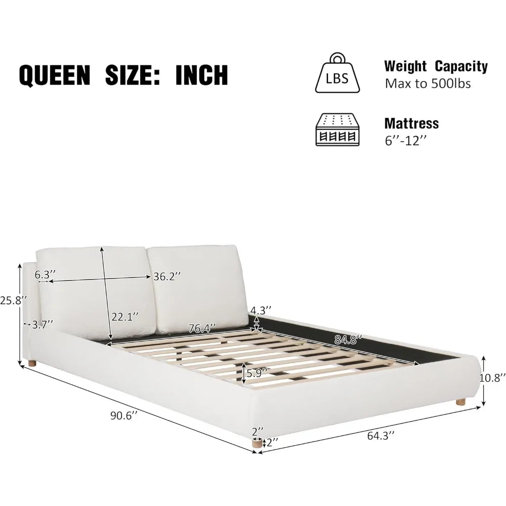 Queen Size Bed Frame with Removable Pillow Headboard,  Platform Cloud Bed, Wood Slats Support,