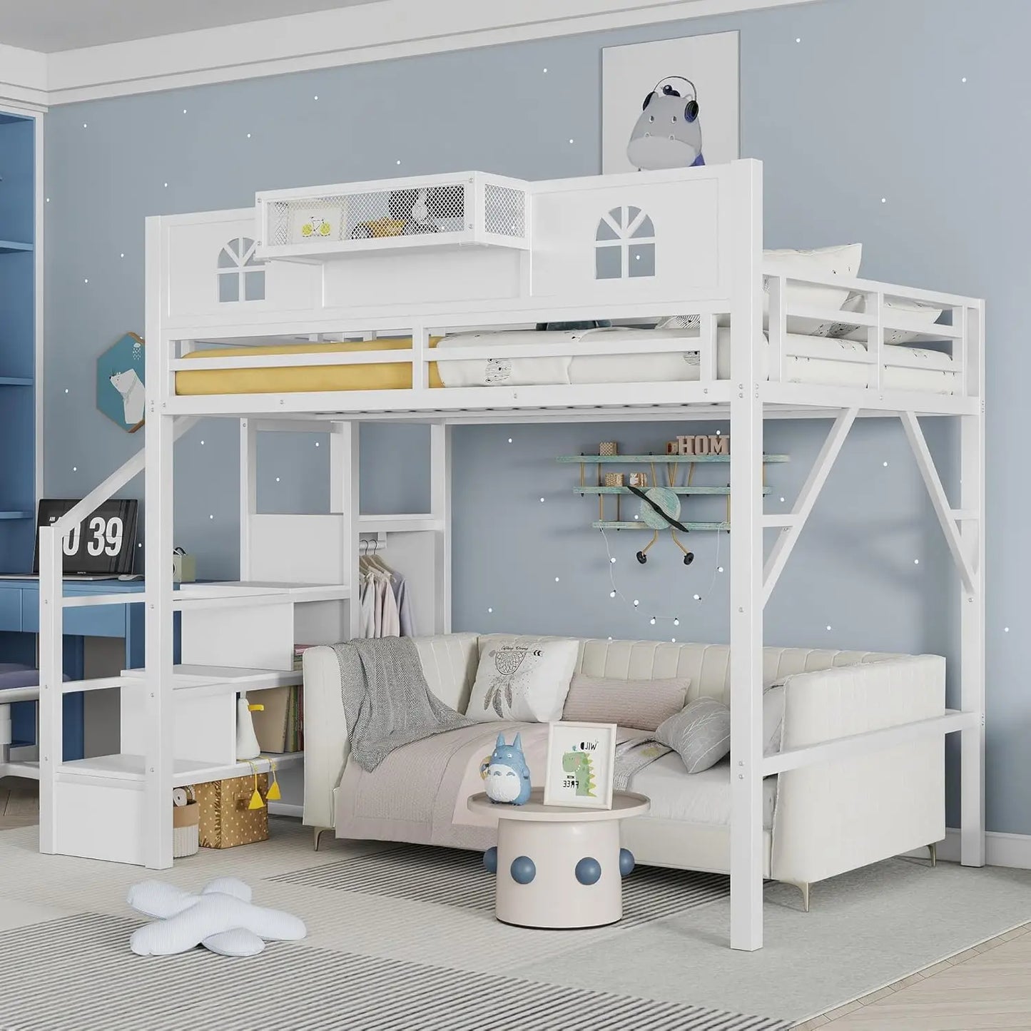 Full Size Loft Bed With Stairs And Storage, Metal Loft Bed Frame WithLarge Under-Bed Space