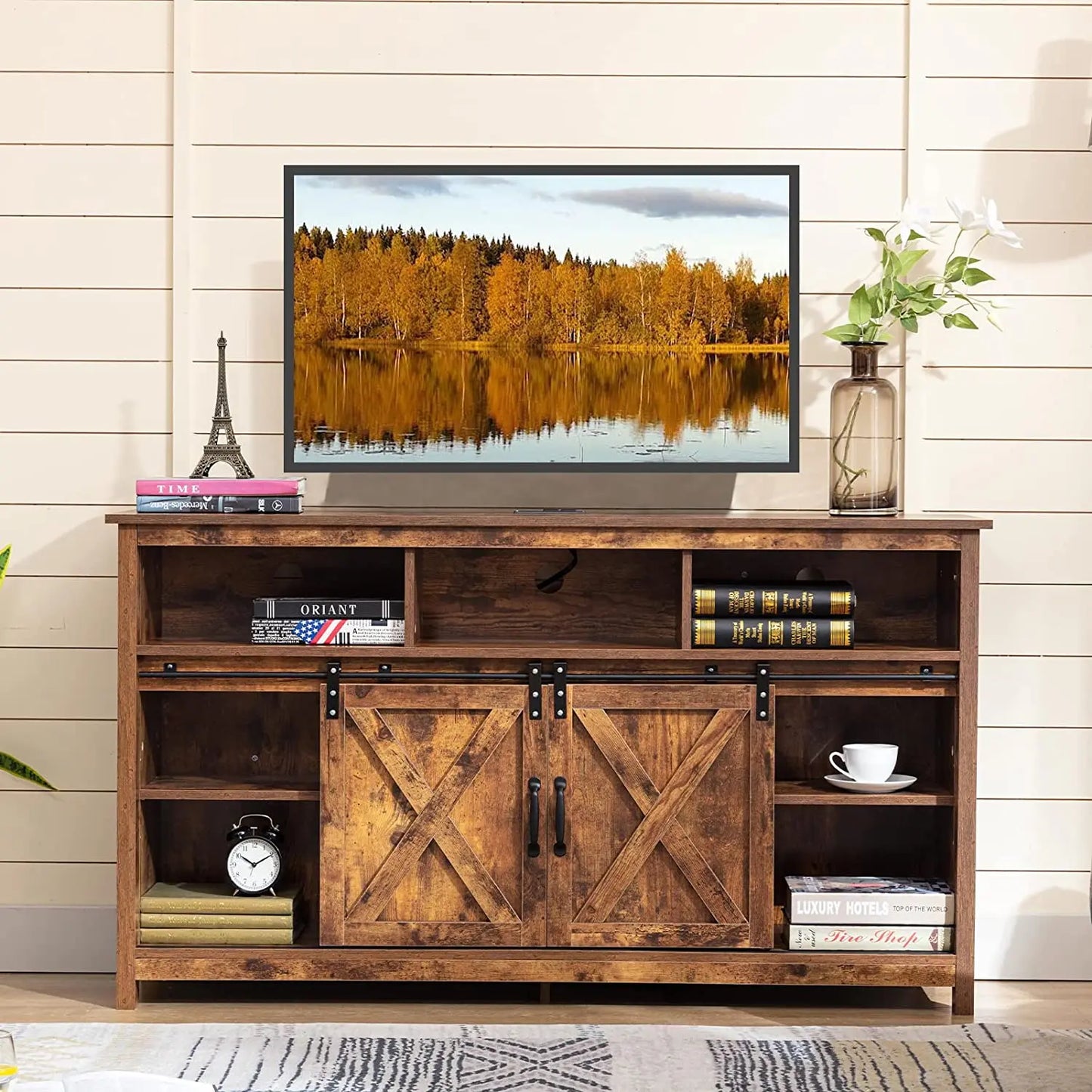 TV Stand Farmhouse Coffee Bar Cabinet Rustic Sliding Barn Door Cabinet with Power Outlet & LED Light