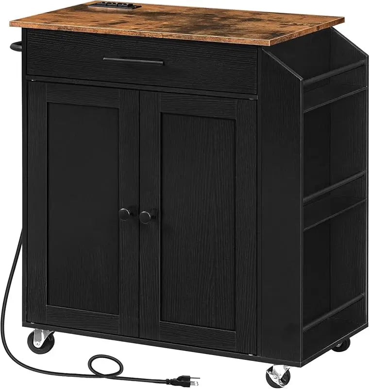 Rolling Kitchen Island with Power Outlet Spice Rack & Drawer Natural & White