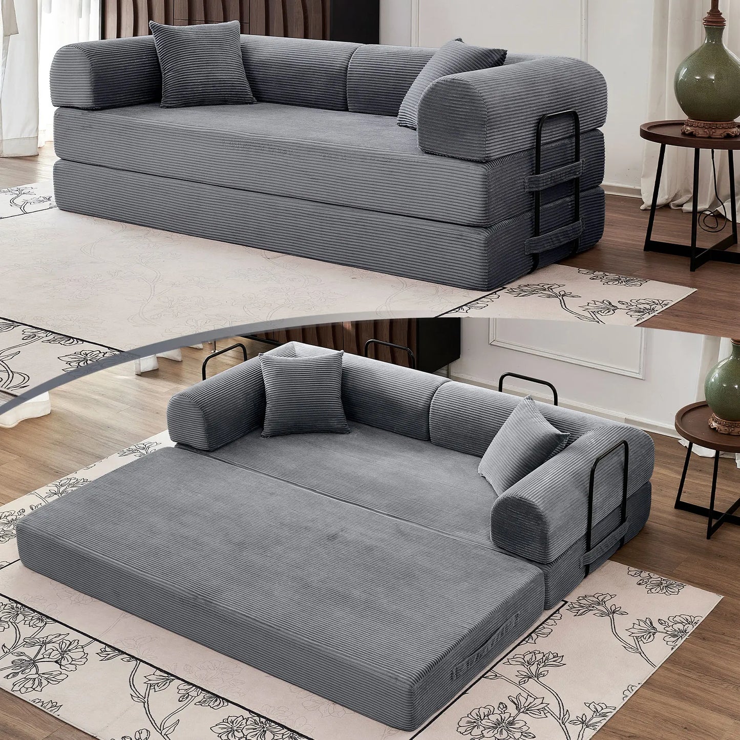 79" Convertible Sofa Bed with Fixed-Shape Frame & Removable Armrests, Modular Corduroy
