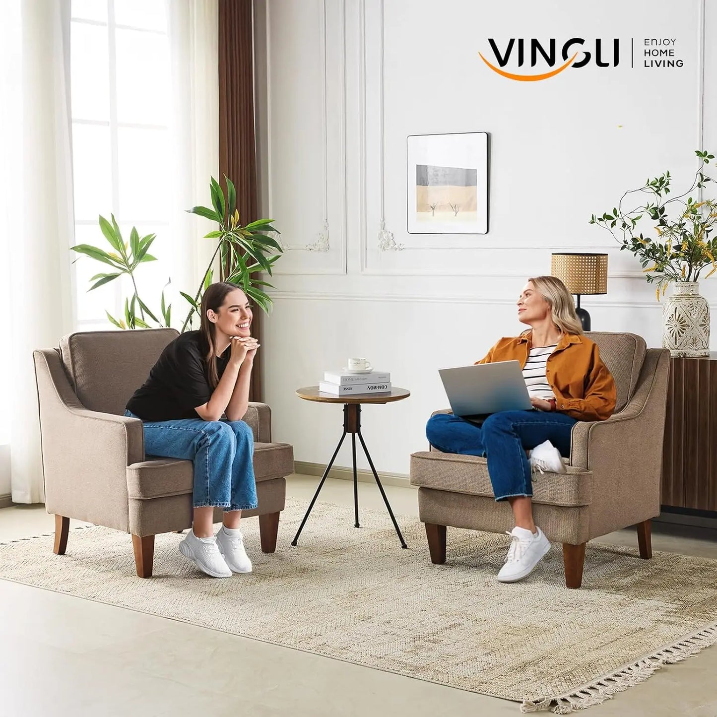 Mid-Century Modern Accent Chairs Set of 2, Light Brown Upholstered Armchair