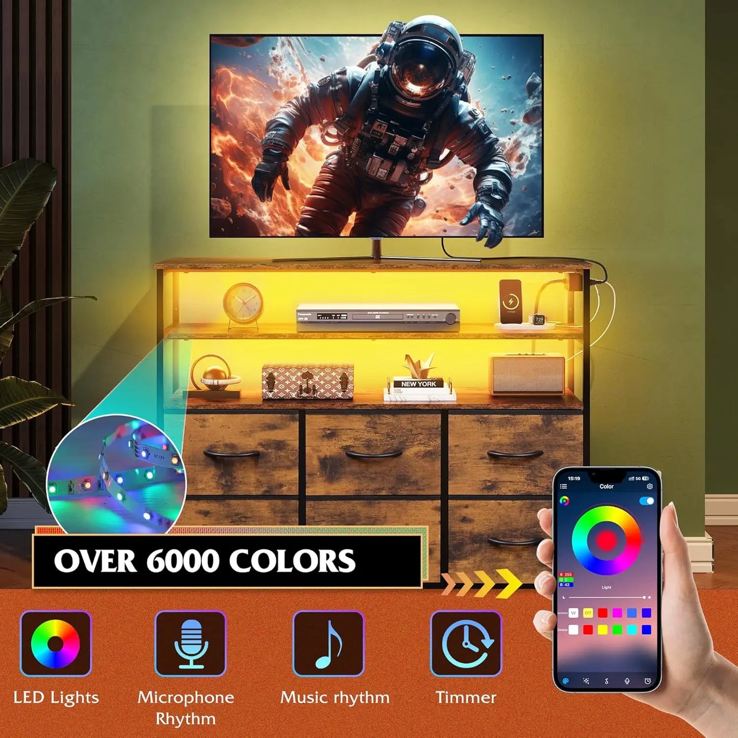 TV Stand for 40-45 Inch TVs with LED Lights, Charging Station,, Rustic Brown Entertainment Center