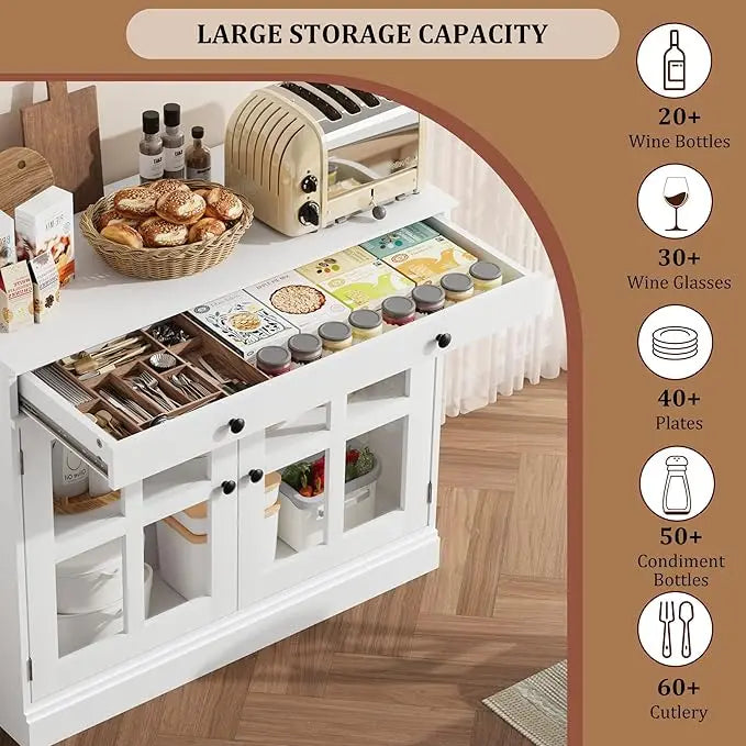35.4" Oak Sideboard Buffet Cabinet with Glass Door & Drawer  Storage Buffets & Sideboards for Kitchen