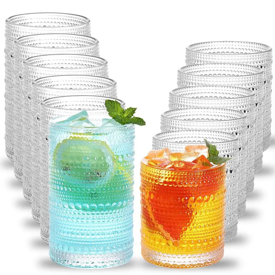 Hobnail Drinking Glasses Set of 12, 12 Oz Highball Glasses amp 10 Oz Cocktail Glasses,