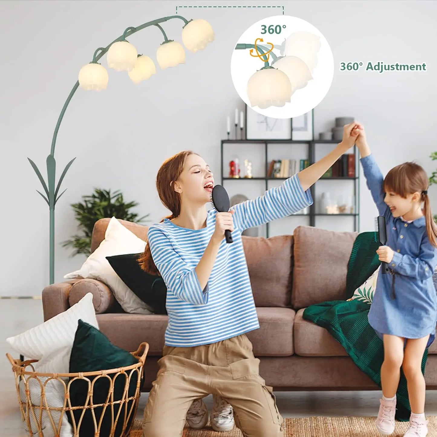 Arc Floor Lamp with 5 G9 LED Bulbs, Foot Switch, Green Floral Design