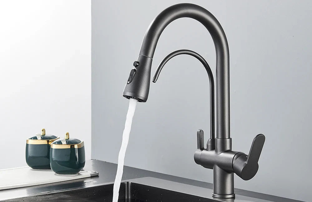 Quyanre Matte Black Filtered Crane For Kitchen Pull Out Spray 360 Rotation Water Sink Mixer Kitchen Faucet