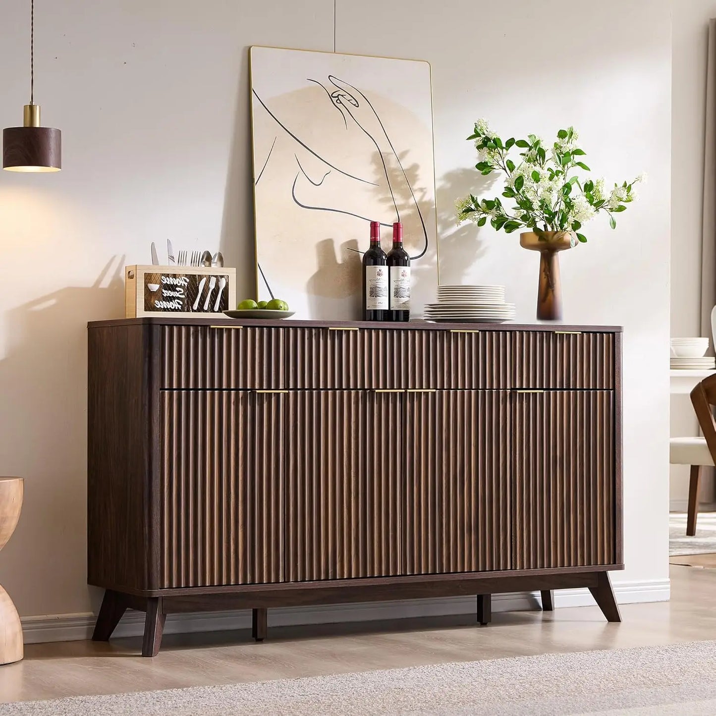 Fluted Buffet Sideboard Cabinet With Storages, Coffee ,Wine Bar Storage Cabinet With 3 Drawers