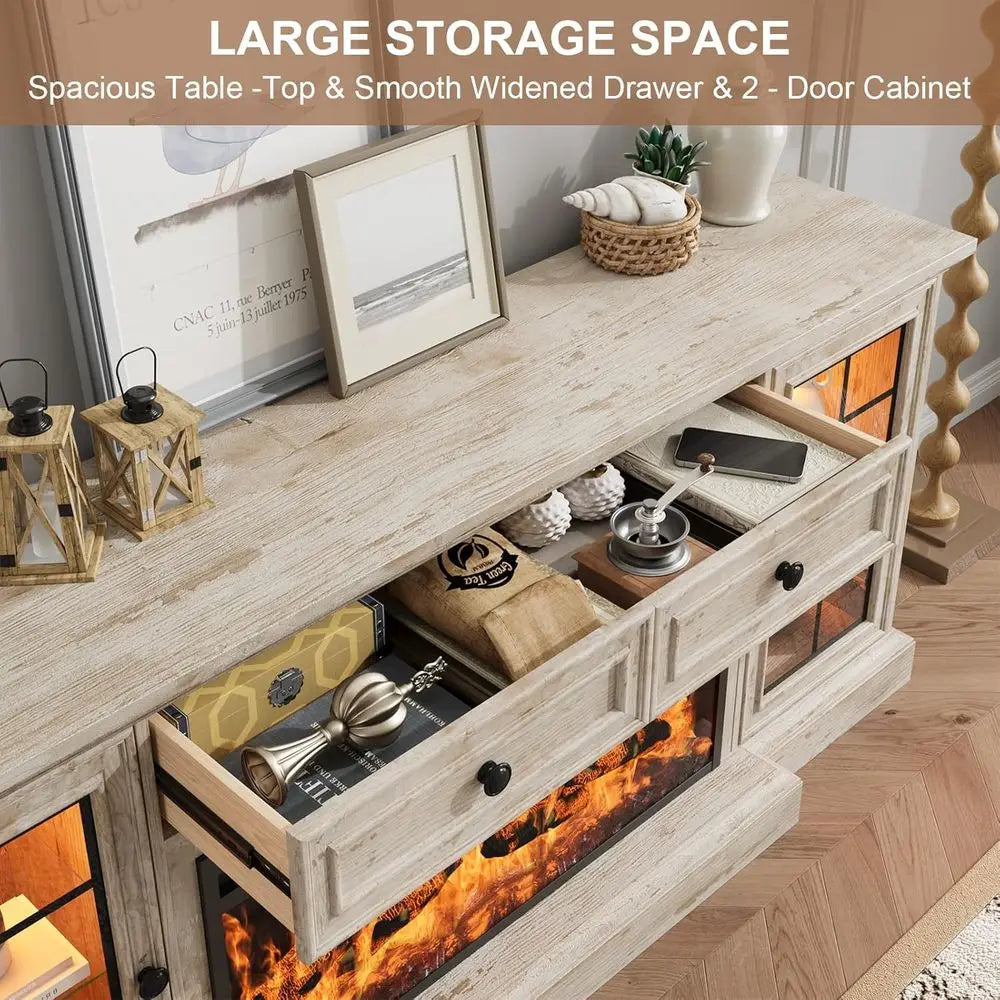 Modern 70 Farmhouse TV Stand with 36 LED Electric Fireplace, Storage Cabinet & Drawer for 80 TVs