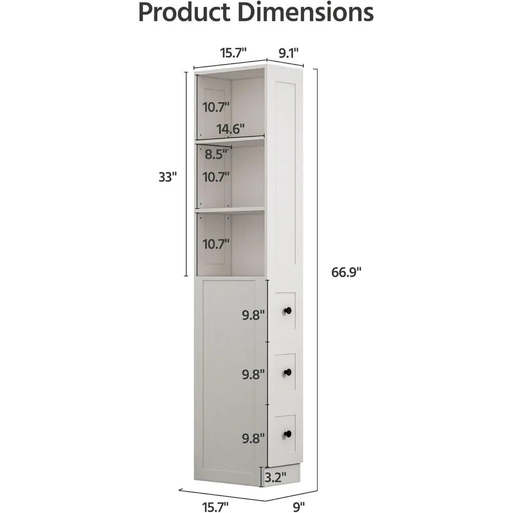 Tall Narrow Storage Cabinet with Adjustable Shelves & Drawers for Small Spaces,