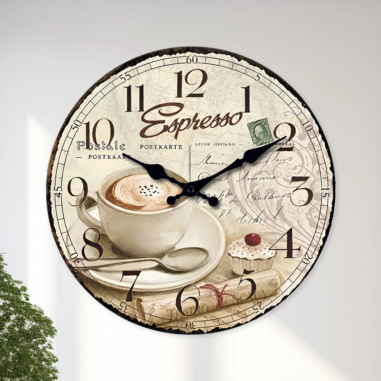 European Retro Coffee Cup Pattern Wooden Wall Clock for Kitchen, Home Decoration, Silent Quartz Clock,