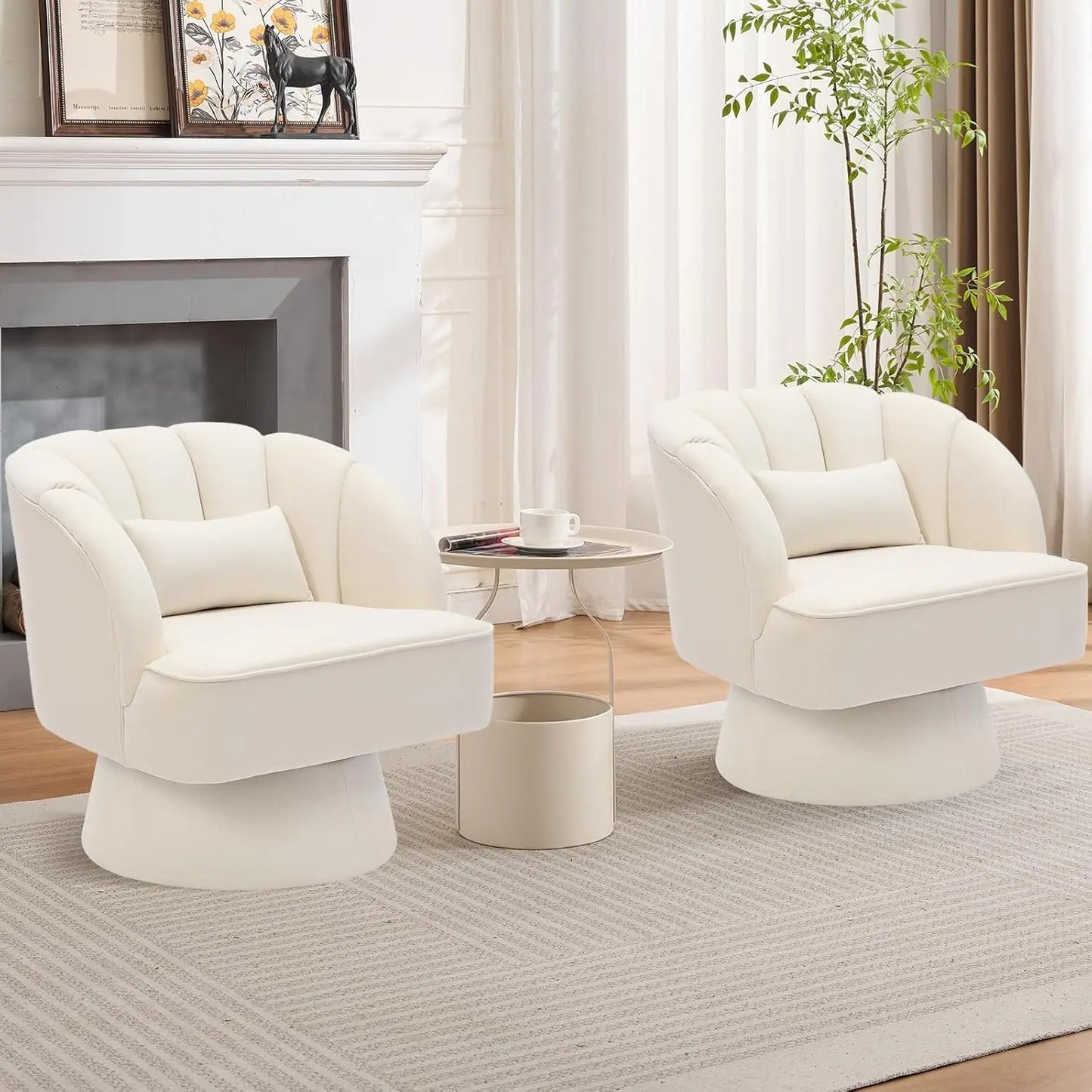 360° Swivel Barrel Accent Chair Modern Round Armchair with Striped Backrest & Plush Padding Velvet Fabric