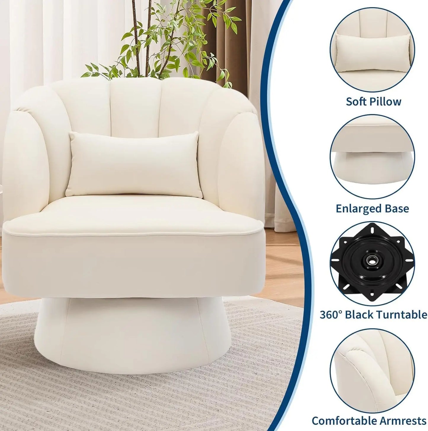 360° Swivel Barrel Accent Chair Modern Round Armchair with Striped Backrest & Plush Padding Velvet Fabric