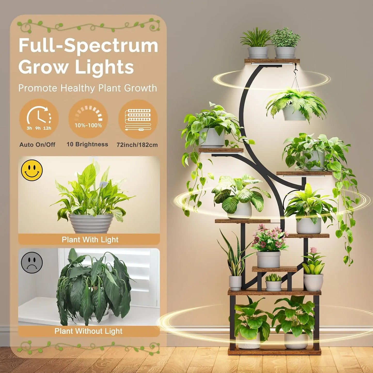 Plant Stands for Indoor Growing, 8 Tiered Large Flower Holder, S-Shaped Decorative Rack for Living Room, Brown