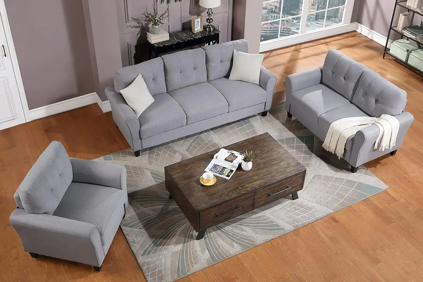 3-Piece Living Room Sectional Sofa Set, Upholstered Armchair Loveseat Sofa and Three Seat Sofa