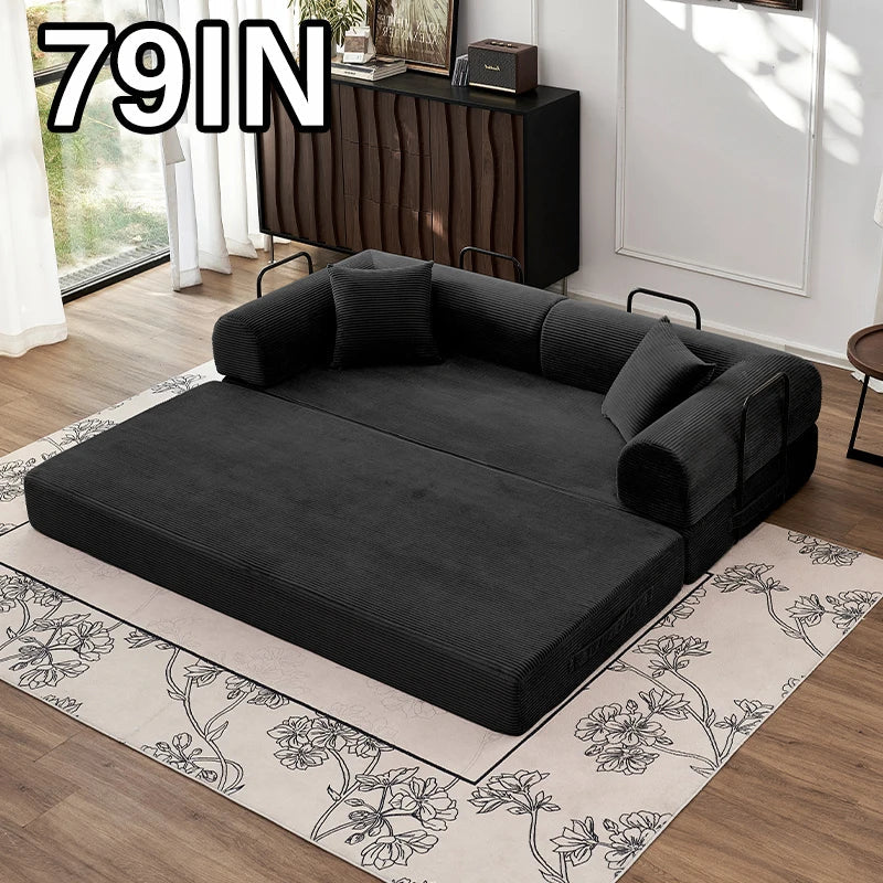 79" Convertible Sofa Bed with Fixed-Shape Frame & Removable Armrests, Modular Corduroy