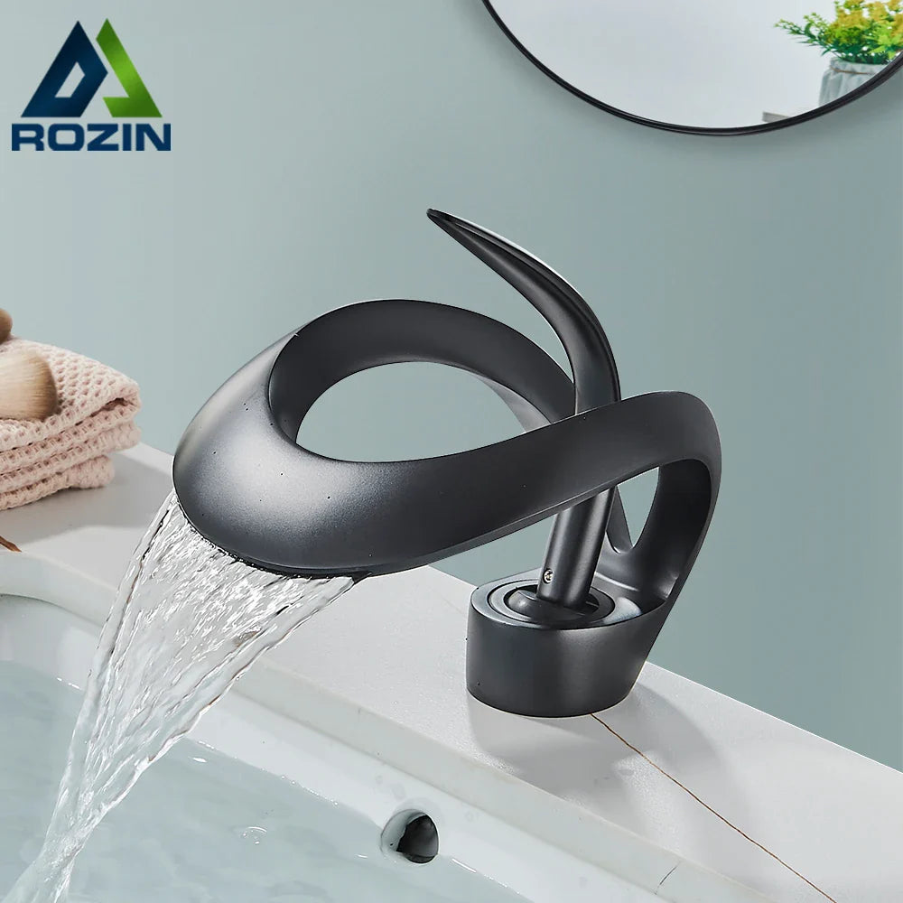 Rozin Luxury Black Basin Faucet Grey Bathroom Waterfall Mixer Tap Brass Deck Mount Modern Style