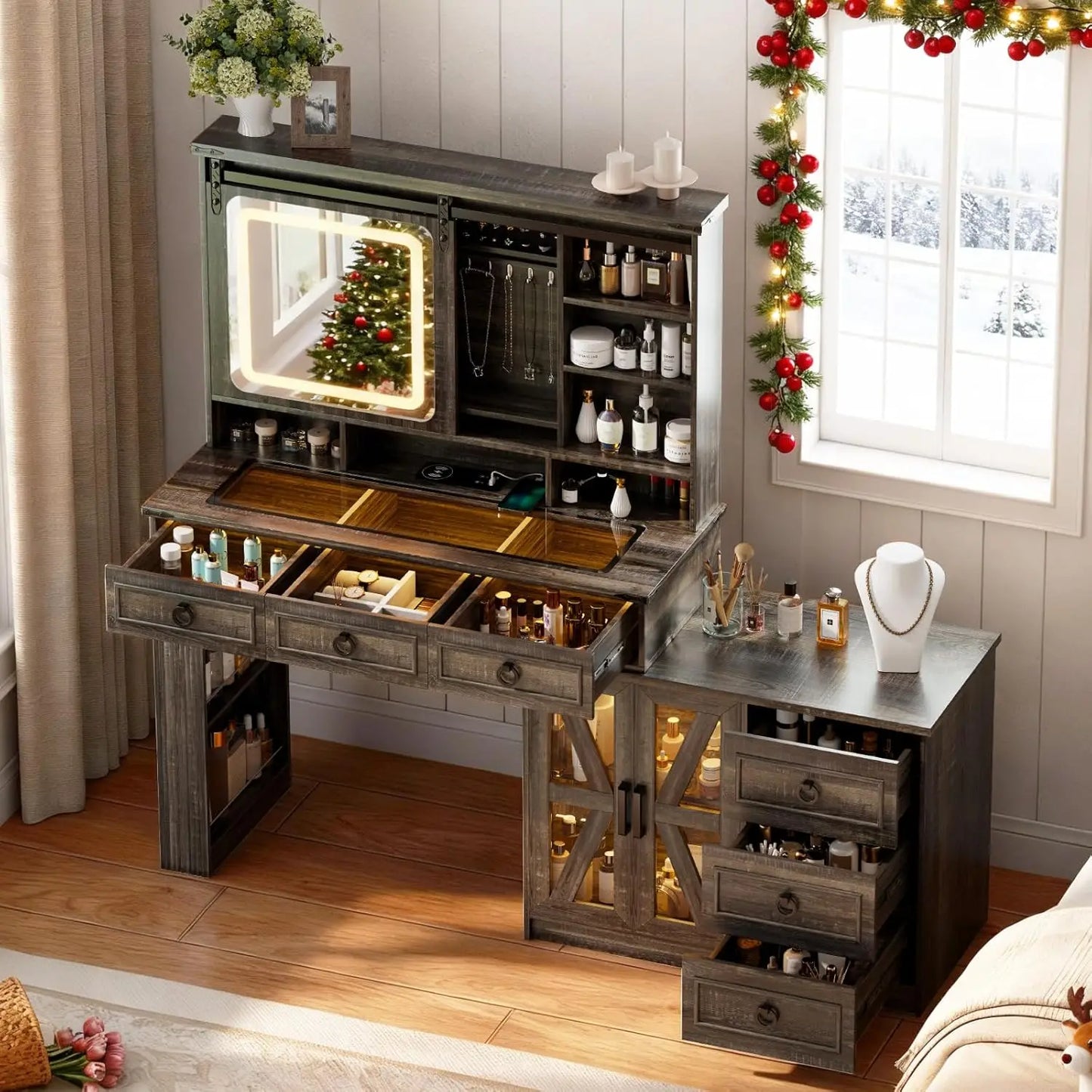 60"W Farmhouse Makeup Vanity Desk with Sliding Mirror and Lights,