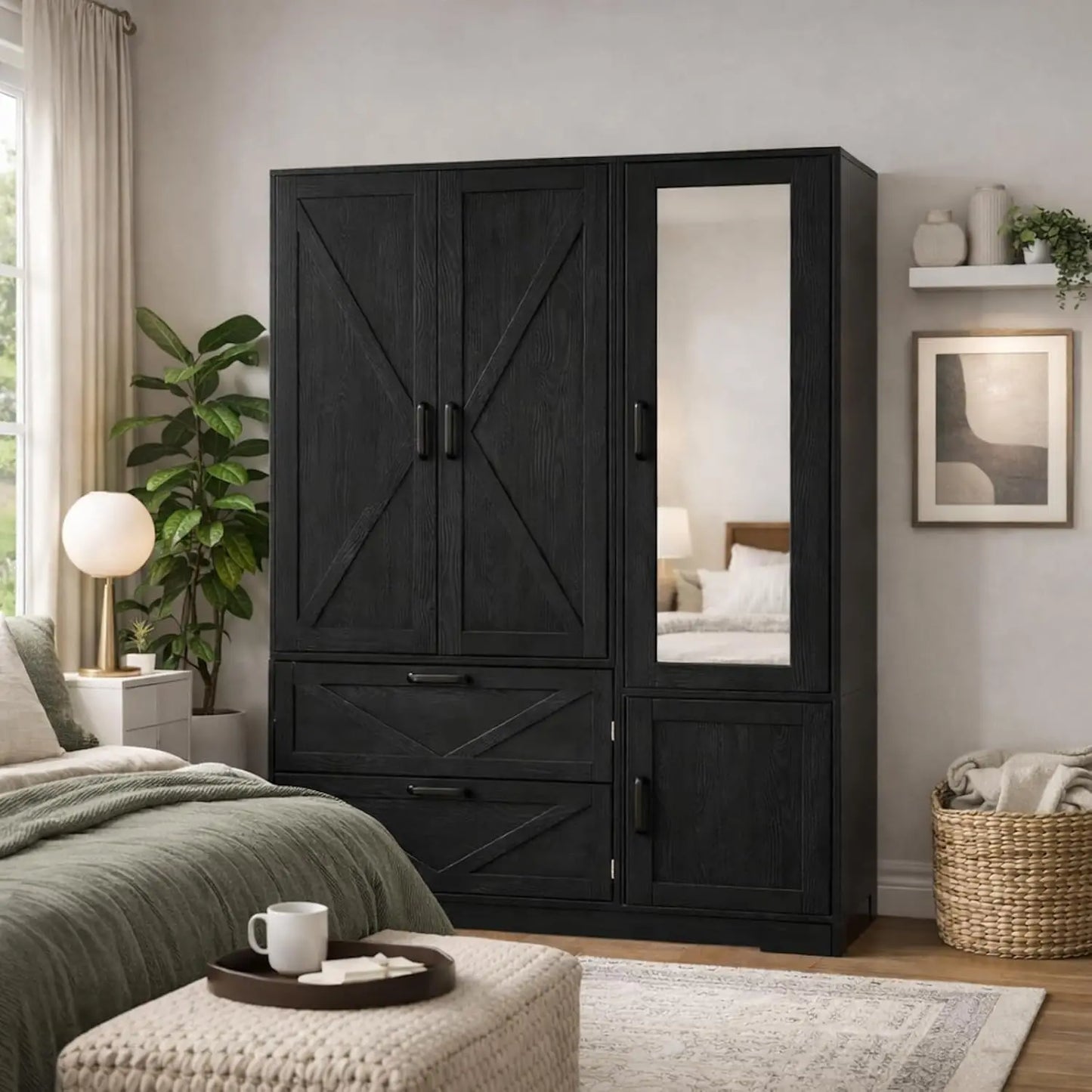 3 Door Armoire Wardrobe Closet with 2 Drawers, Hanging Rod & Lights,,