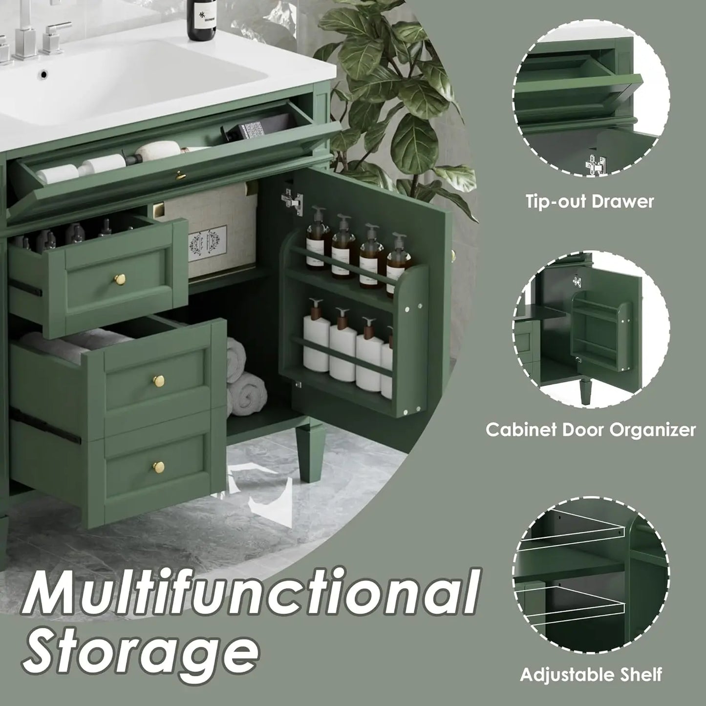 36in Solid Wood Bathroom Vanity with Soft-Close Doors & Tip-Out Drawer Undermount Sink Cabinet Green