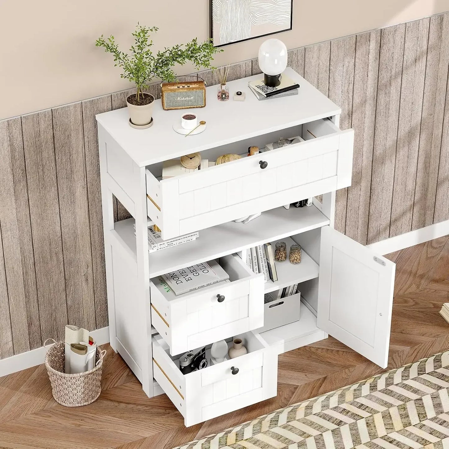 Bathroom  Storage Cabinet Organizer with 1 Door and 3 Drawers, Freestanding Cupboard